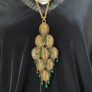 Brass Filagree vintage 3D necklace with green glass hanging beads